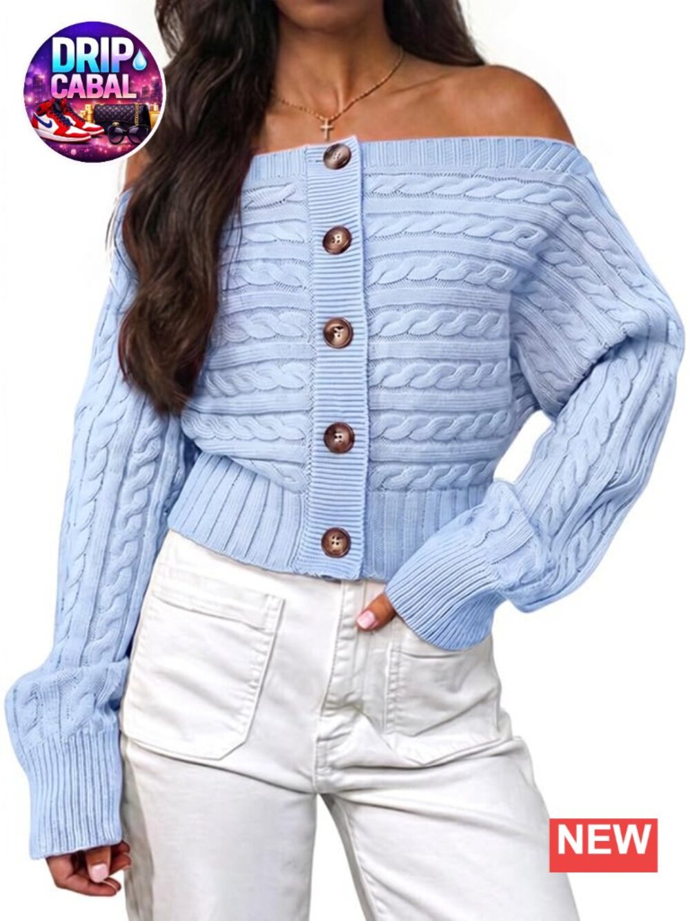 Off Shoulder Cable Knit Cardigan Long Sleeve Button Sweater
